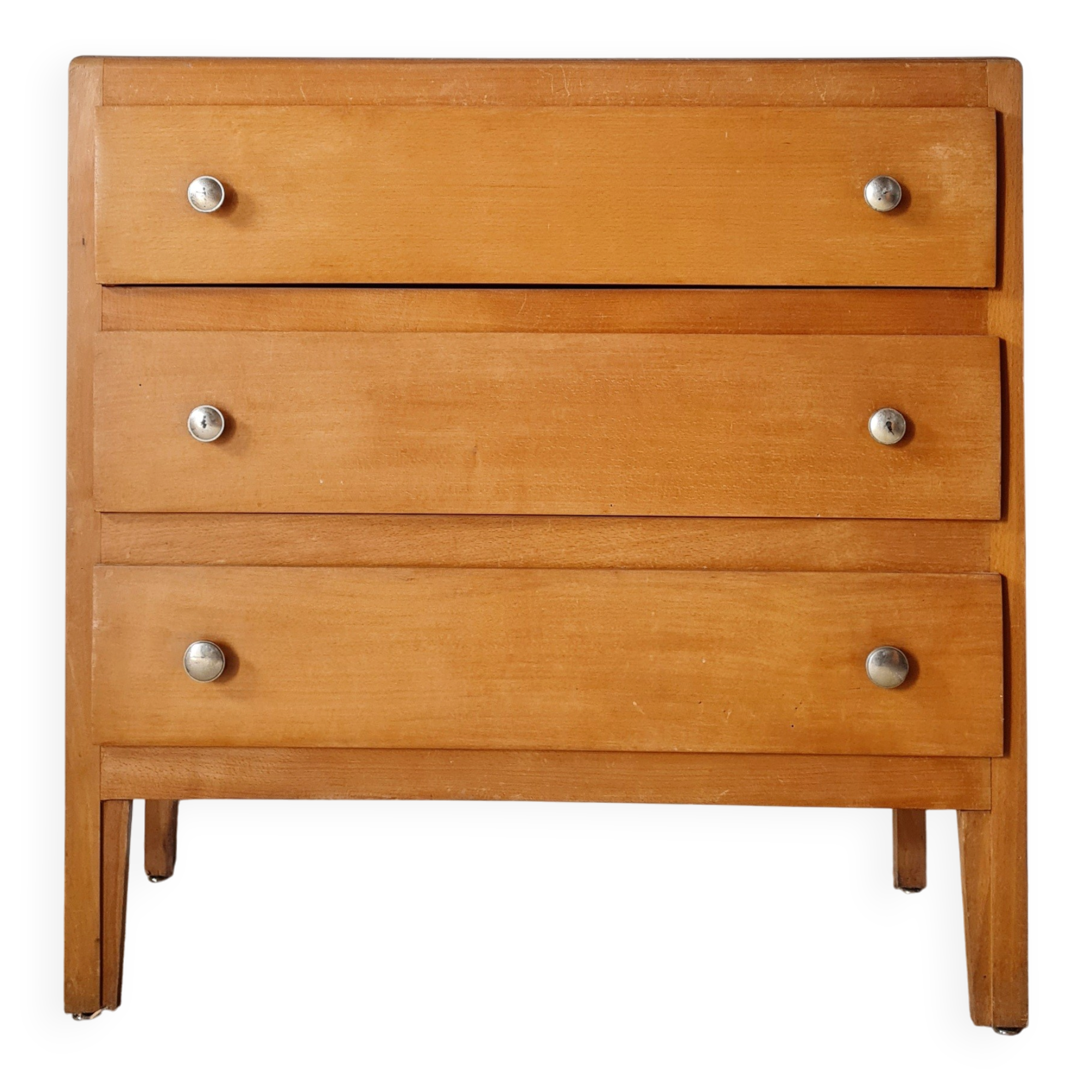 Commode vintage en bois clair à 3 tiroirs – Années 50 / 60