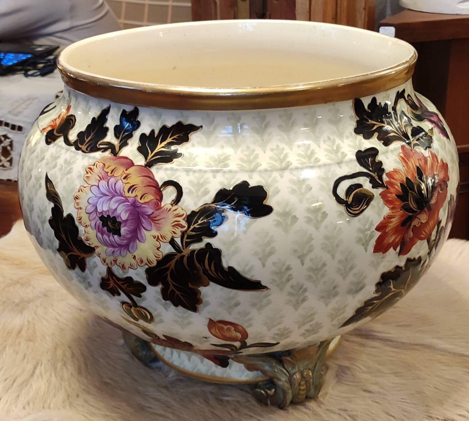 Old large Lunéville flower pot with Japanese floral decor