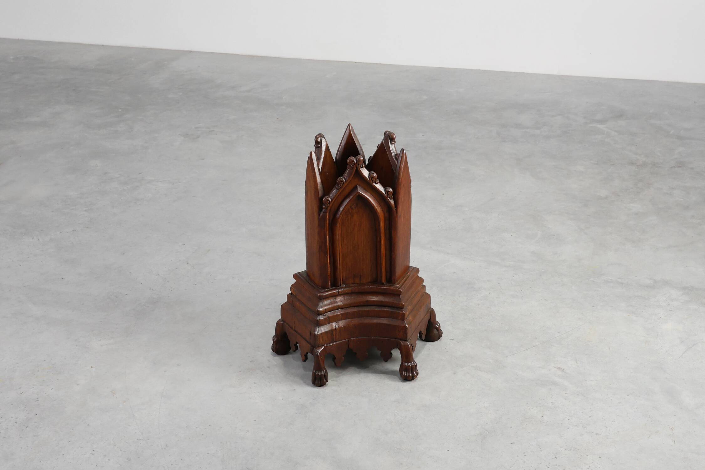 Neo-Gothic Oak Umbrella Stand with Sculptural Carving, France, 19th Century