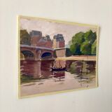 Painting on paper "Houses, bridge, river, boat and people" n°24