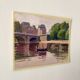 Painting on paper "Houses, bridge, river, boat and people" n°24