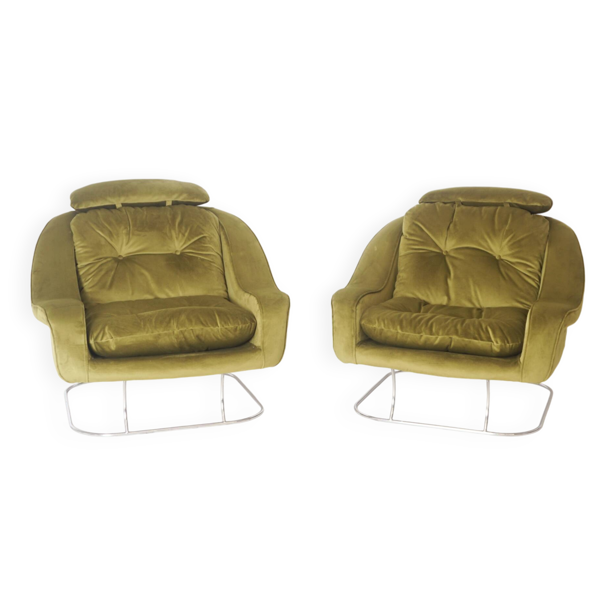 Pair of green velvet armchairs, 1970