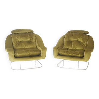 Pair of Green Velvet Armchairs, 1970
