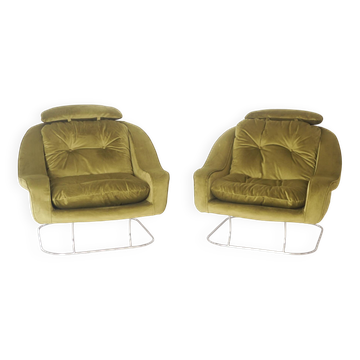 Pair of green velvet armchairs, 1970