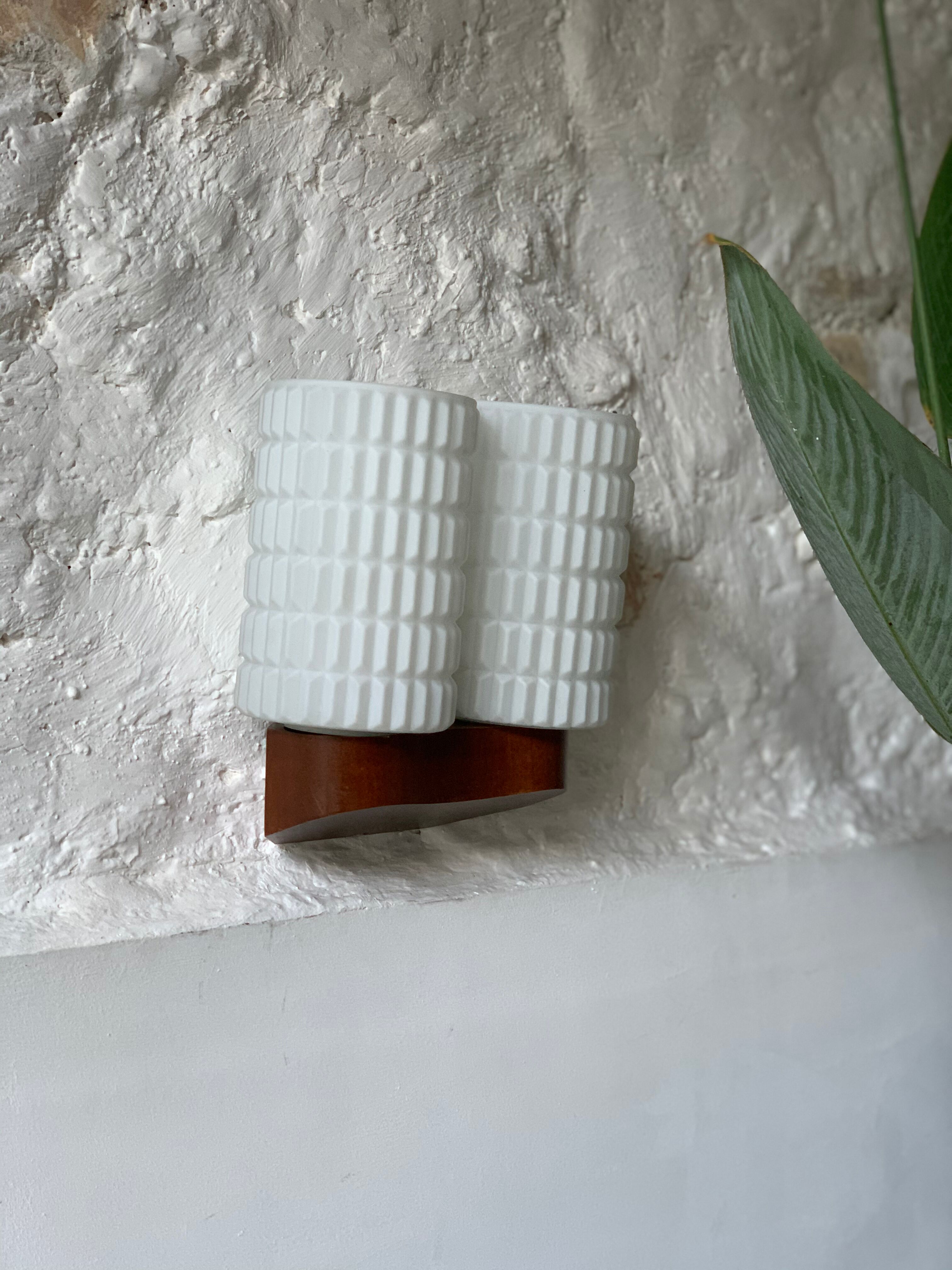 Wall sconce Scandinavian style vintage teak and 2 opalines