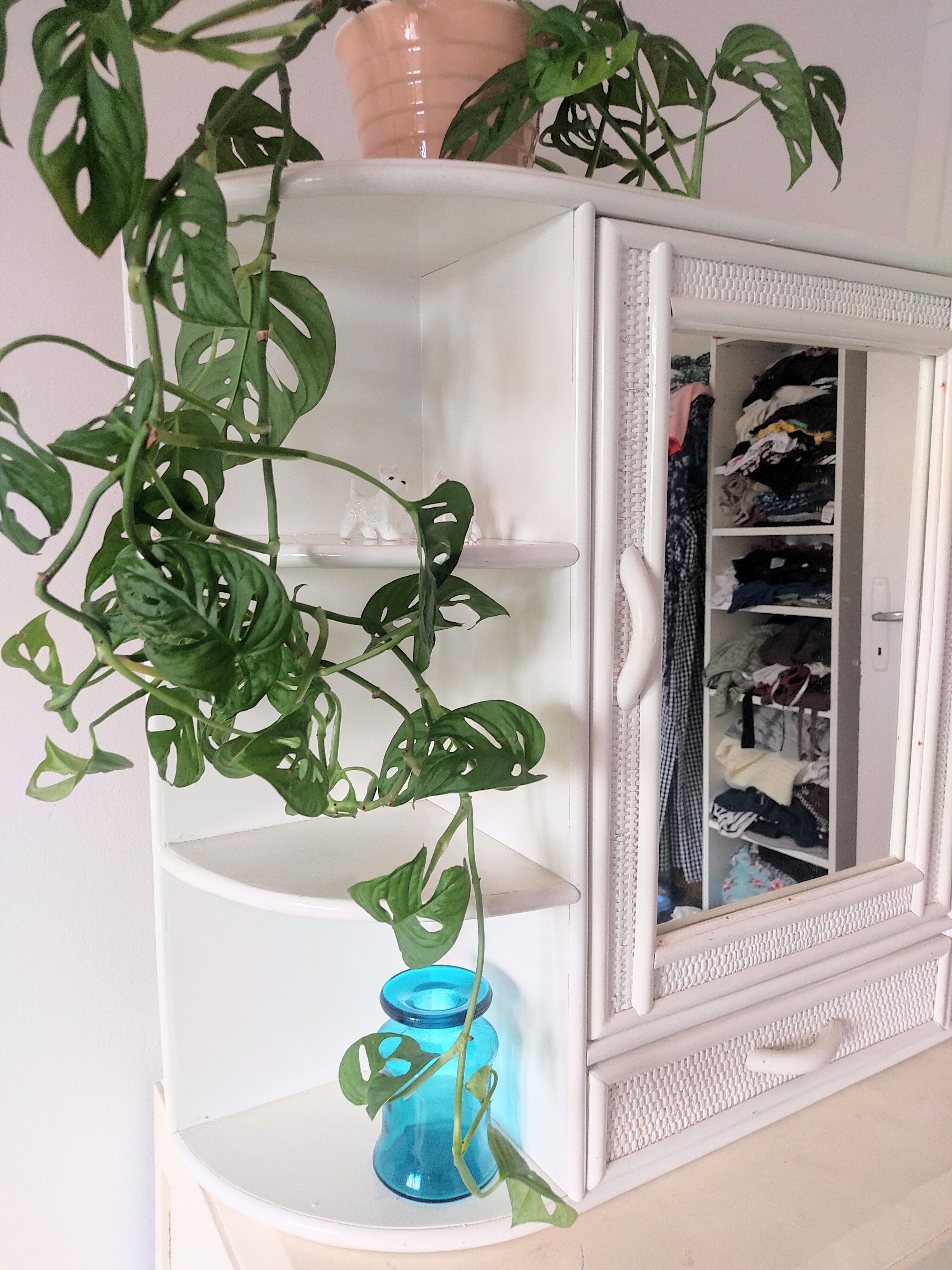 Vintage wooden and wicker shelf