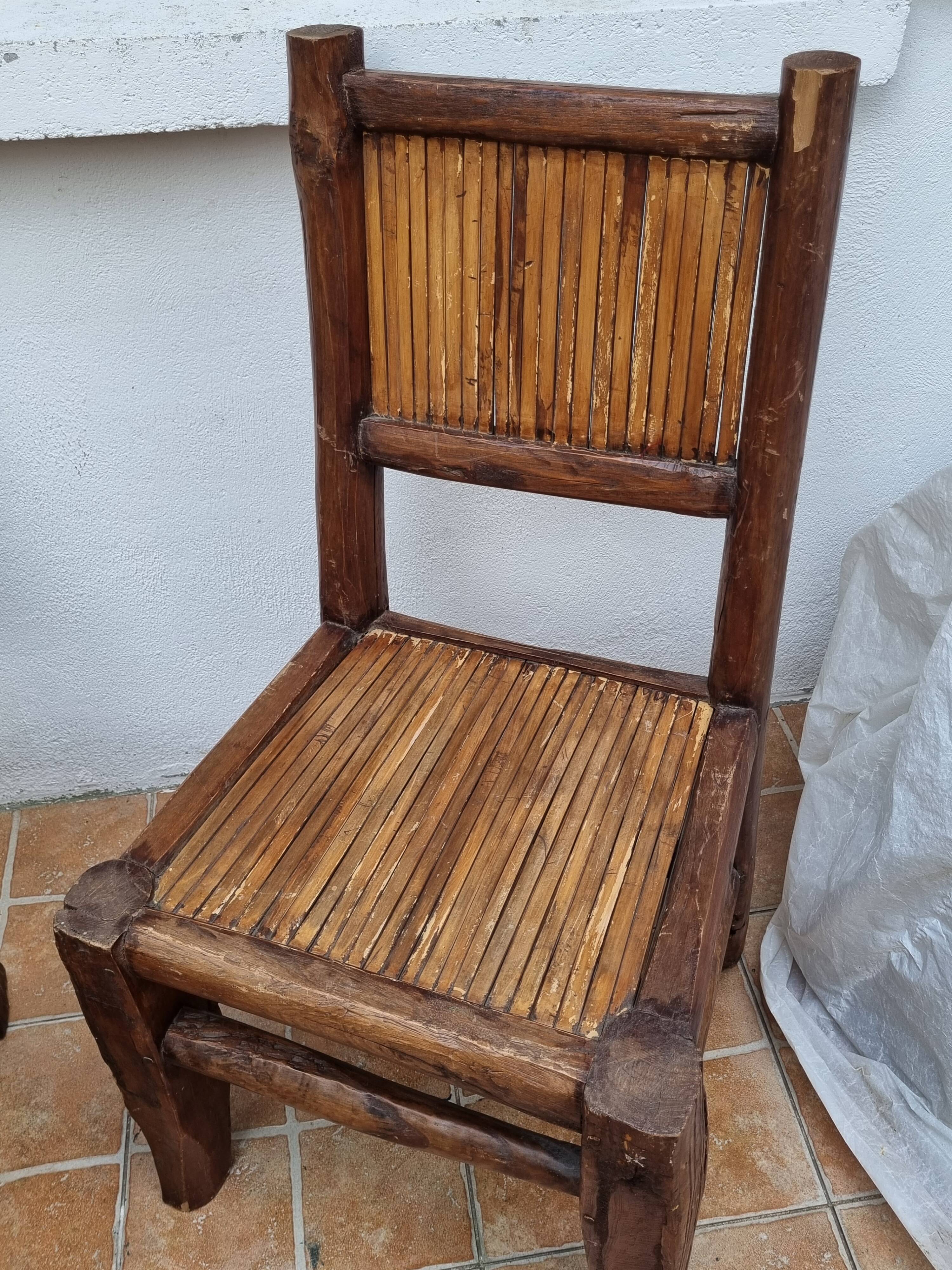 Pair of solid wood and bamboo chairs, brutalist style, 90 cm