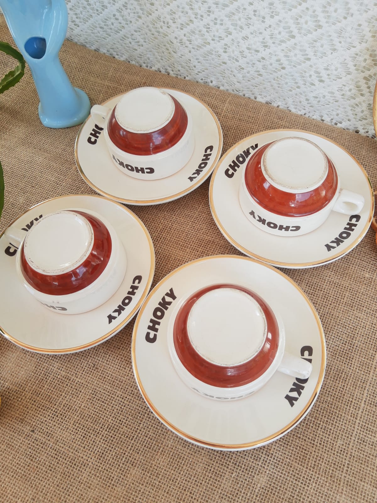 Ensemble de 4 tasses et 4 sous-tasses chocolat Choky bistrot publicitaire - vintage