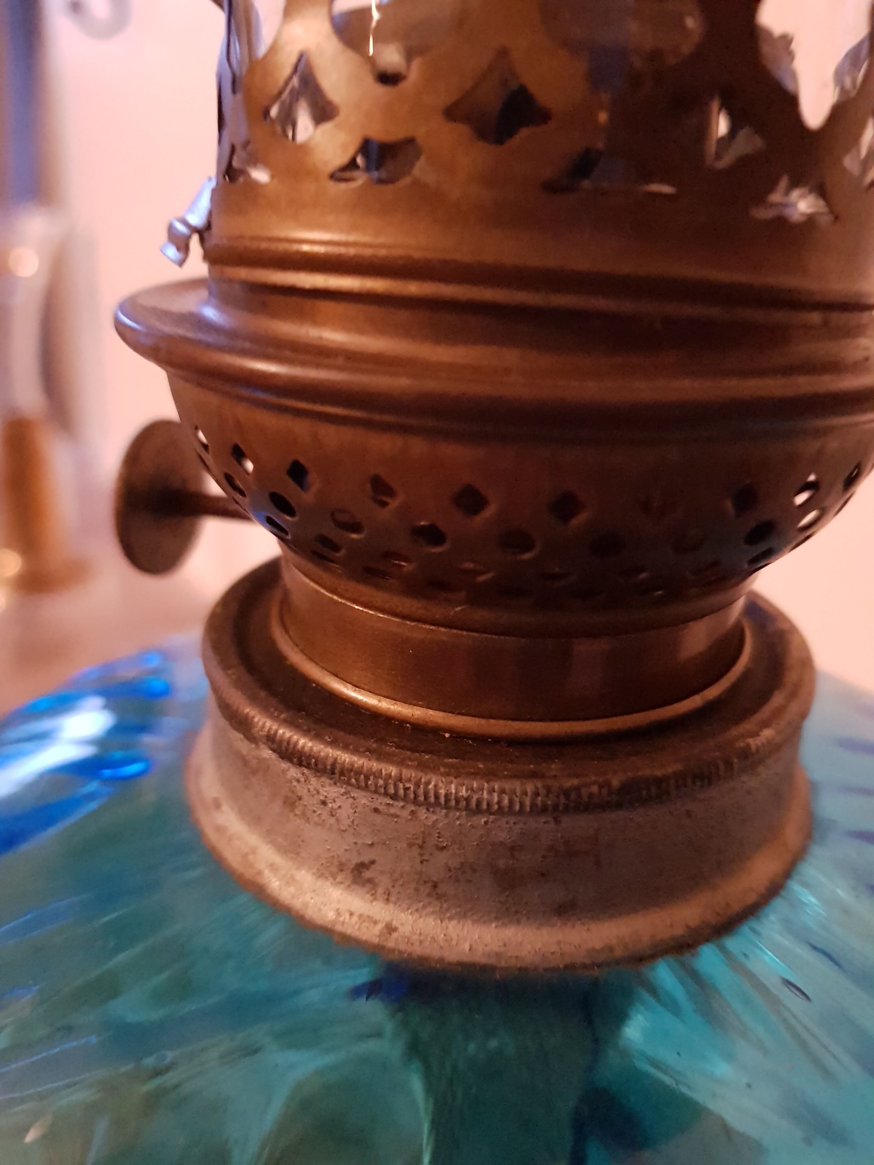 Former oil lamp foot metal silver blue glass