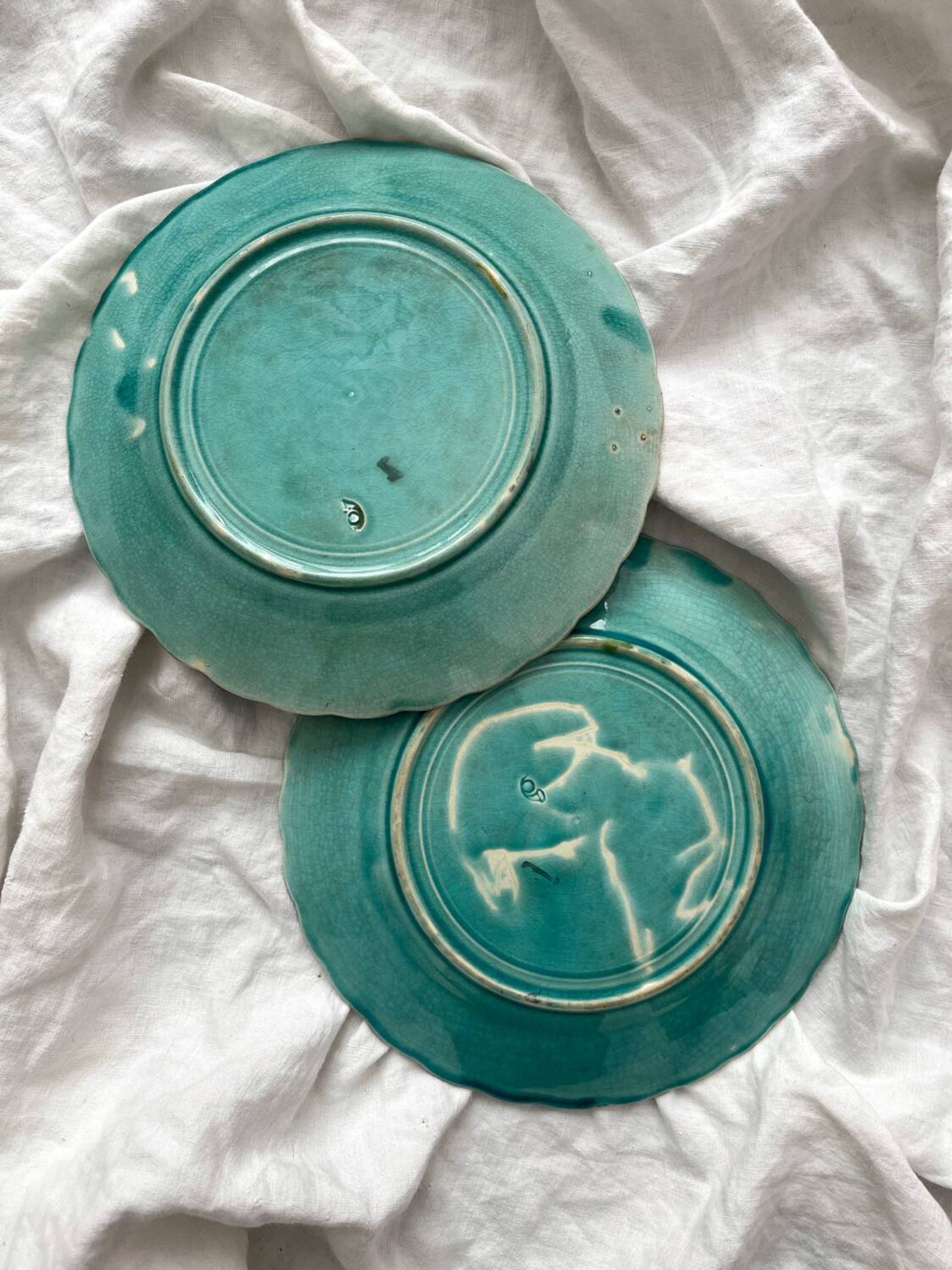 Two Onnaing barbotine bird plates, late 19th century