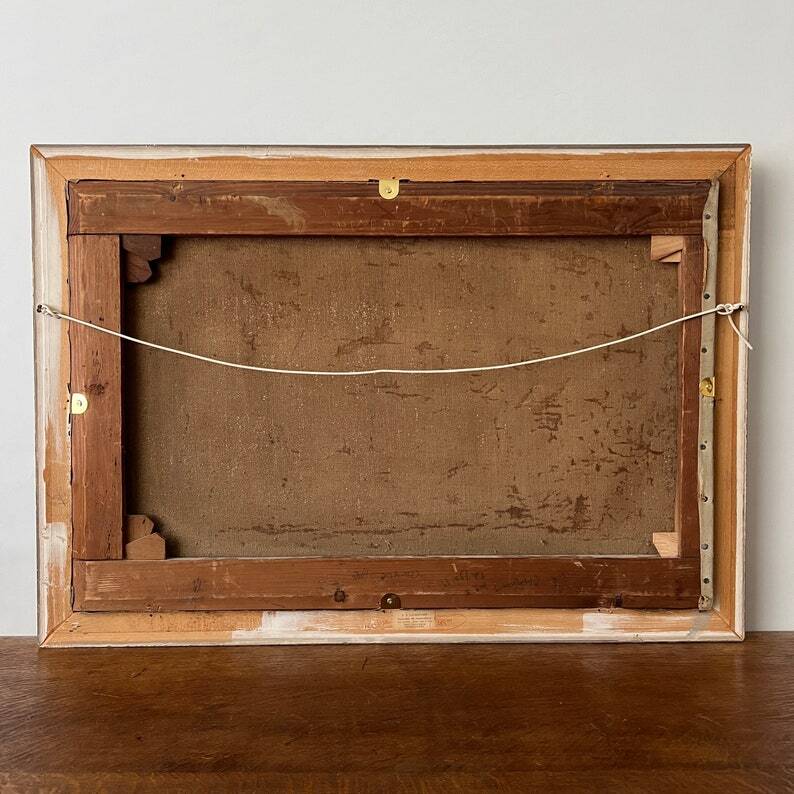 Peinture à l'huile de grand voilier vintage du milieu du siècle