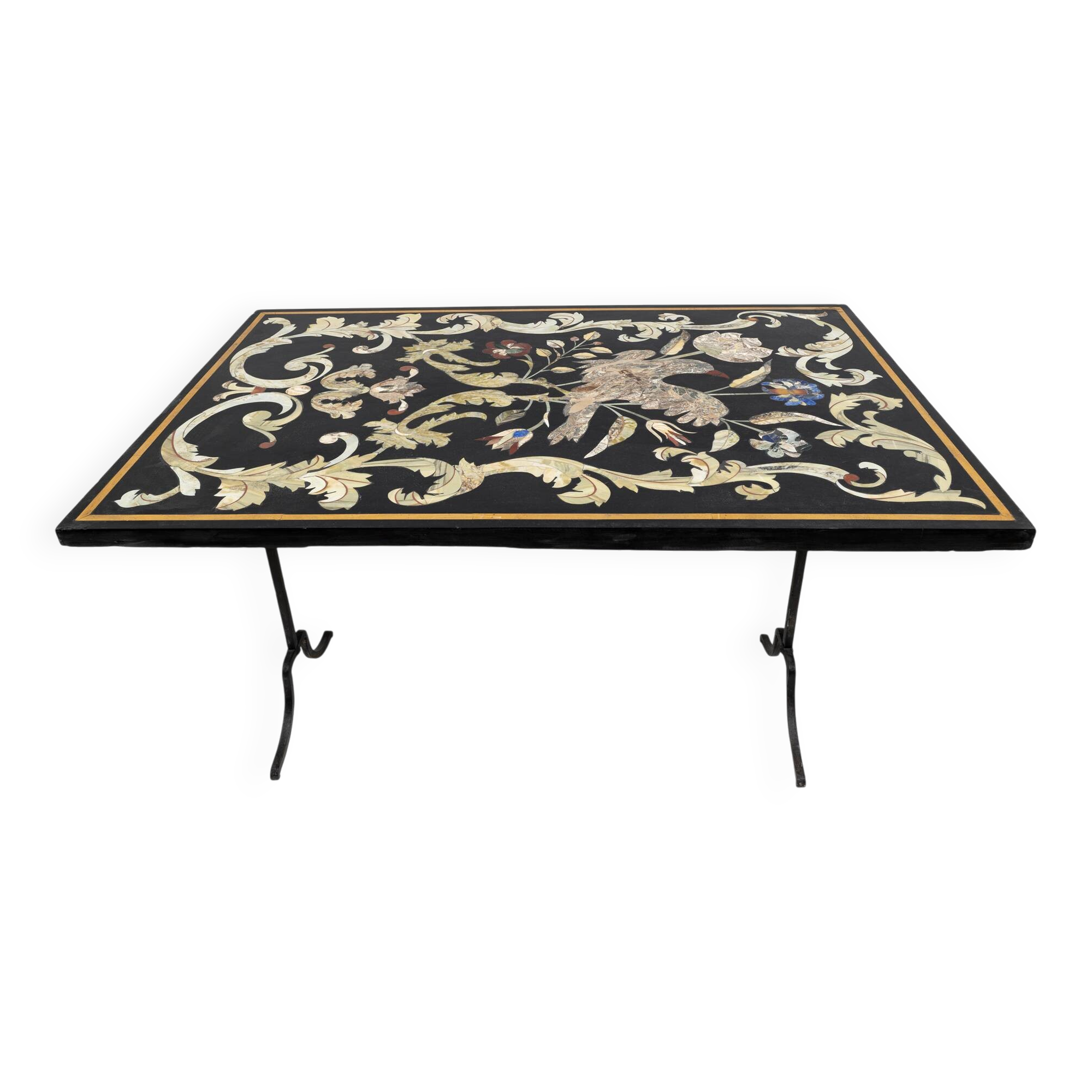 20th Century Italian Handmade Wrought Iron Coffee Table Frame Inlaid Marble