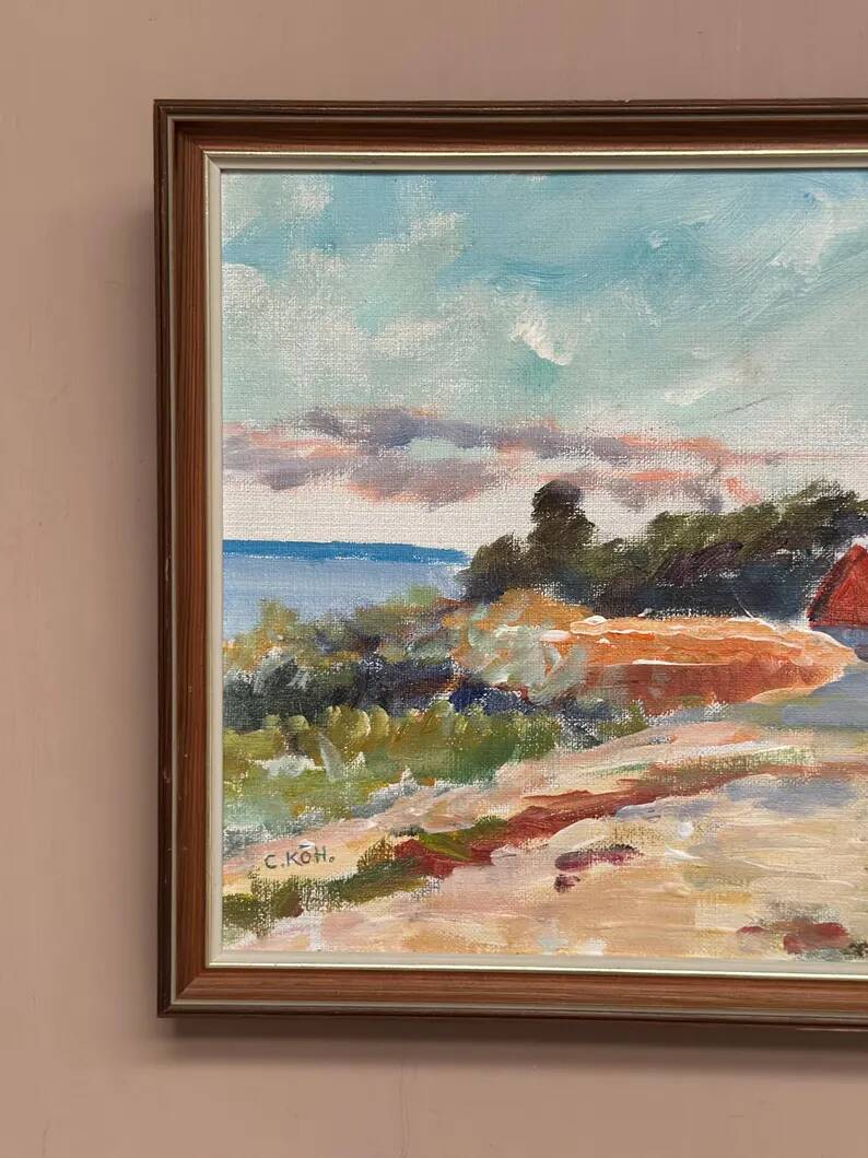 Original Swedish Oil on Canvas - 'Beach House in a Grove' by Carl Köhler - Signed - Vintage and Framed - 38 × 30 cm