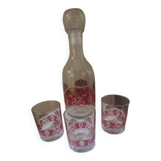 Carafe and 3 glasses with red and gold vintage inscription, perfect condition