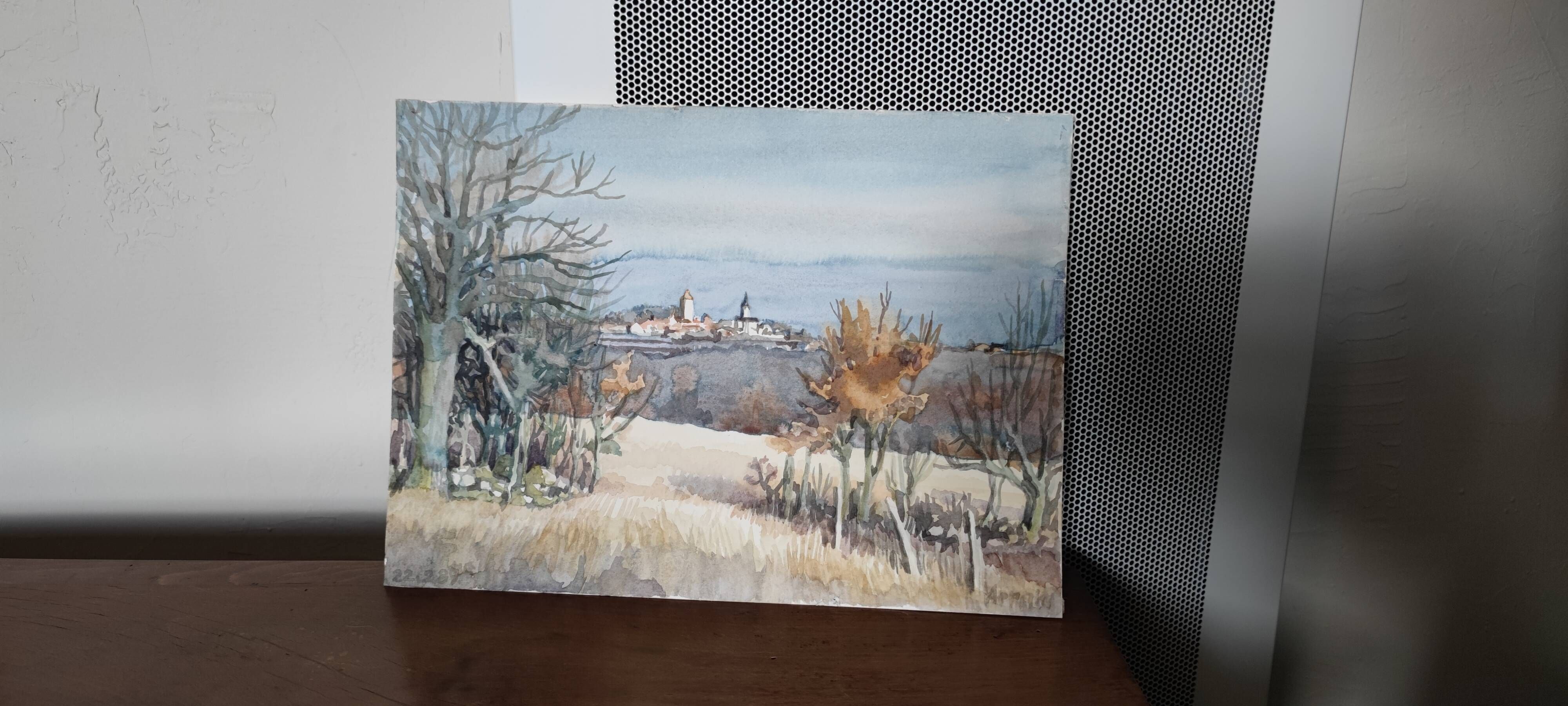 Watercolor signed Bettina Von Arnim view of Concots ,Lot, Occitanie