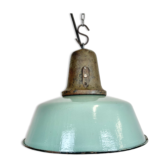 Industrial Petrol Enamel Factory Lamp with Cast Iron Top, 1960s