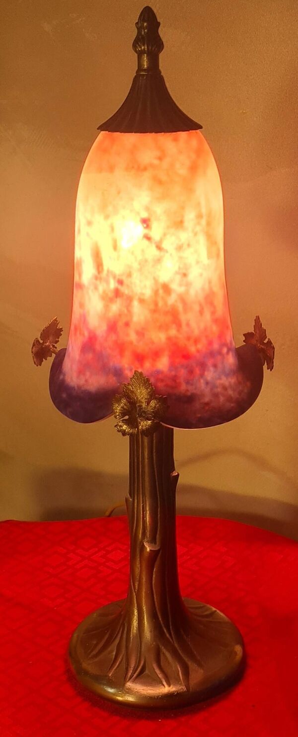 lampe bronze abat jour pate de verre signé eross de france nancy 40x16