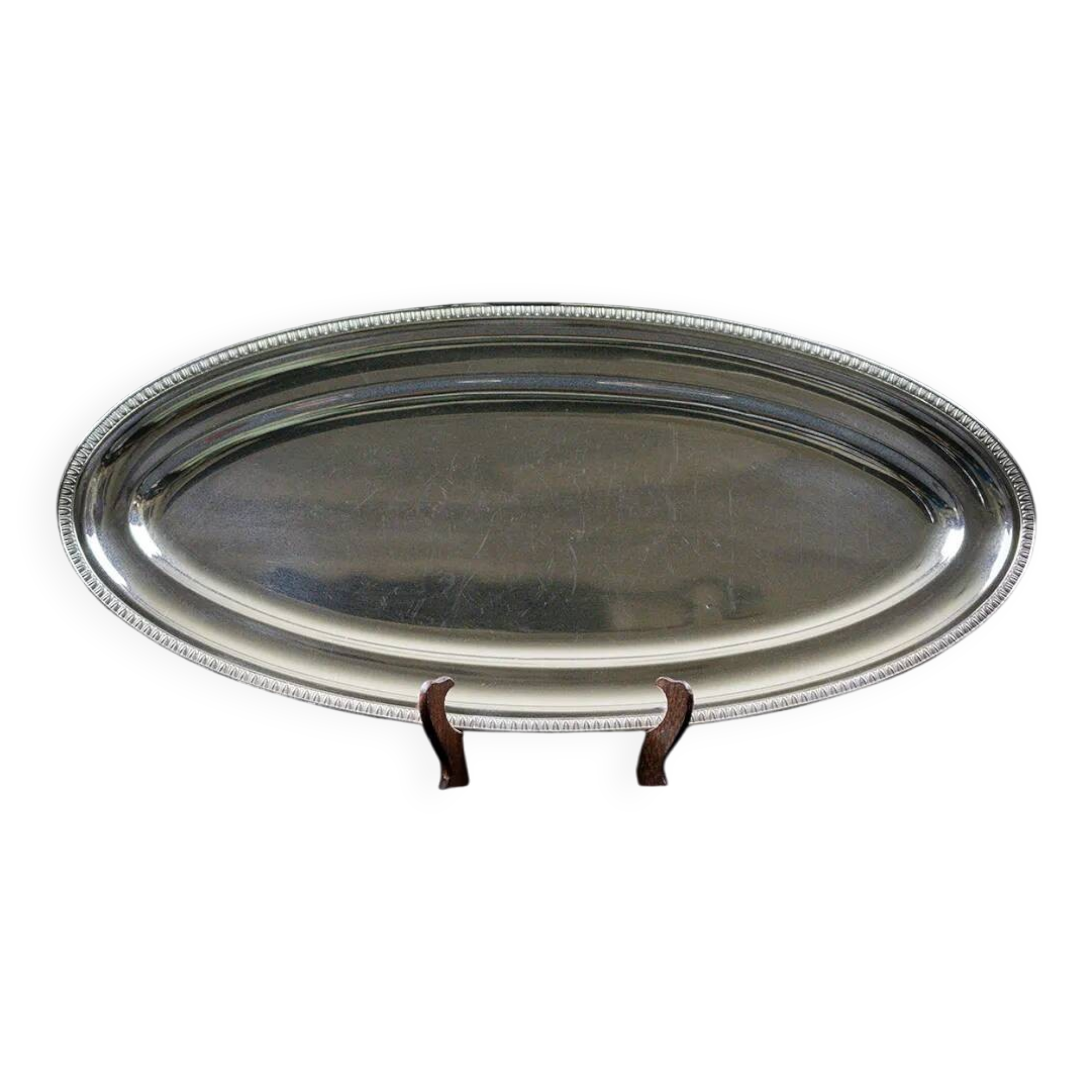 Large oval silver-plated metal serving platter with gadrooned edge – hallmarked