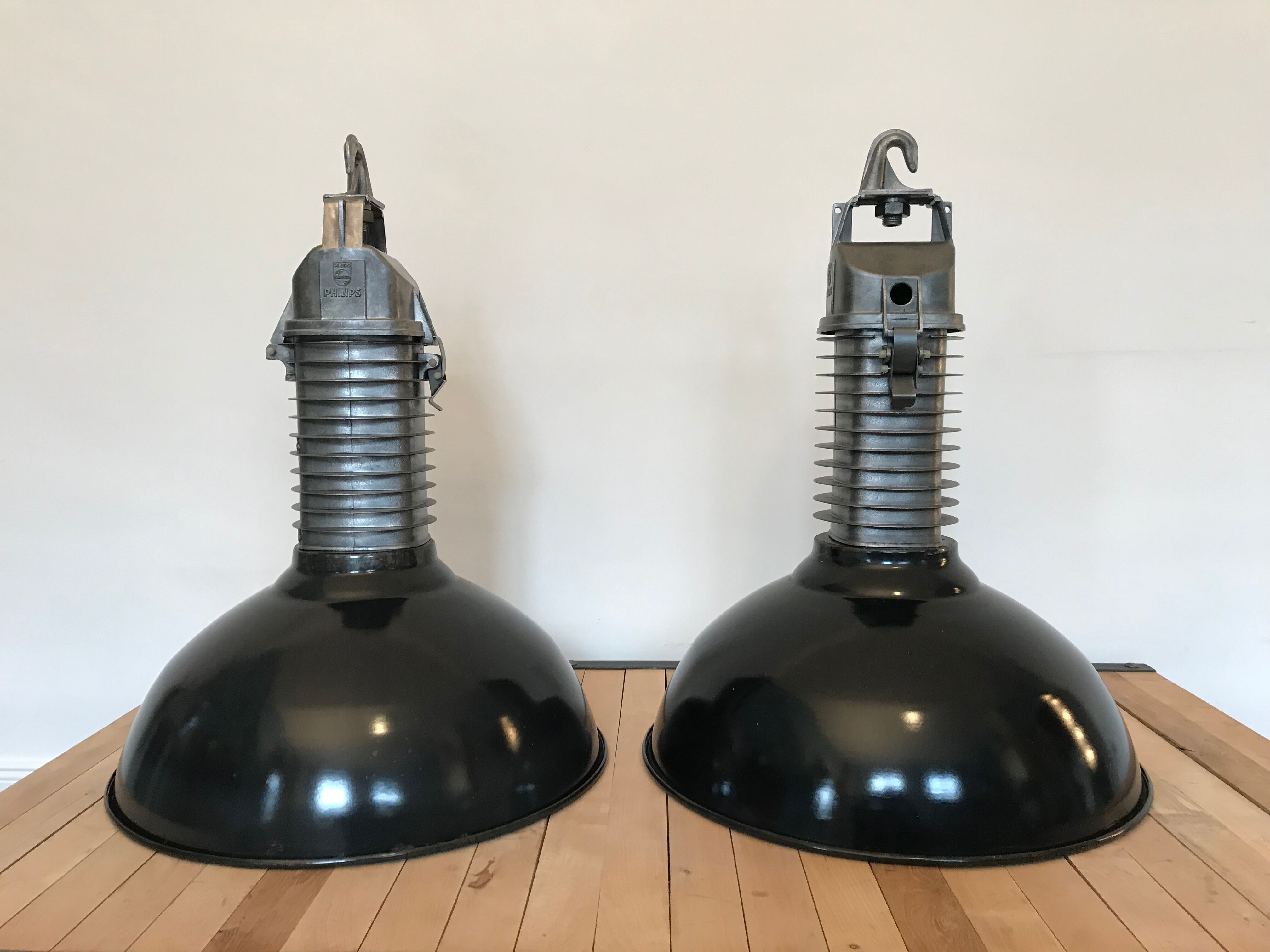 Pair of Philips lamps enamelled workshop pendant lamps