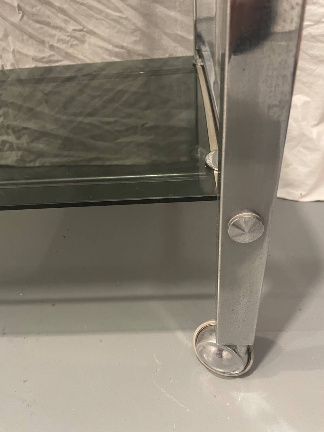 Vintage chrome serving cart/rolling table with smoked grey glass, circa 1970