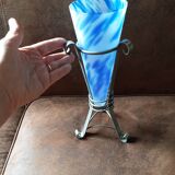 Marbled blue opaline vase on metal base