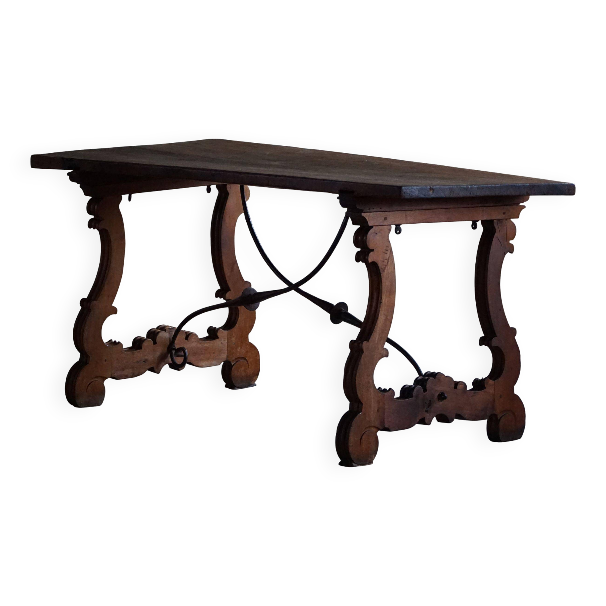 Brutalist table in antique Spanish solid oak and wrought iron, 19th century.