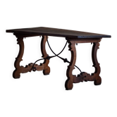 Brutalist table in antique Spanish solid oak and wrought iron, 19th century.