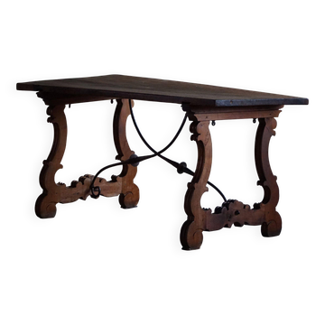 Table brutalisme espagnole antique en chêne massif et fer forgé, XIXe siècle