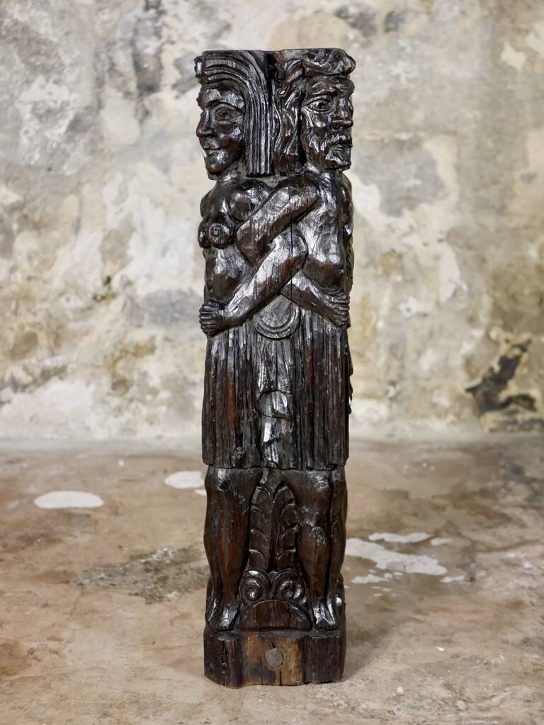 Adam and Eve wooden pedestal, religious art