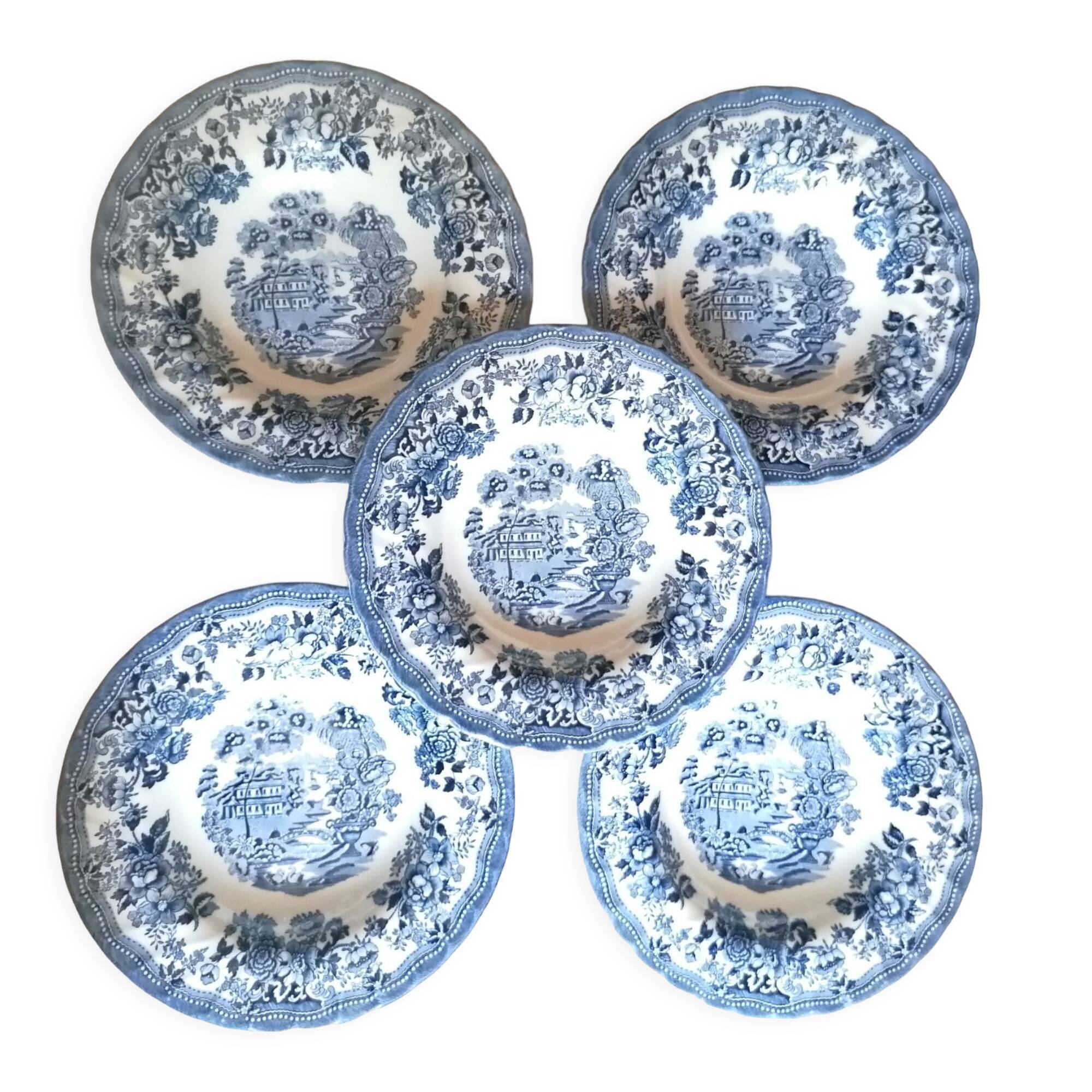 5 hollow plates blue and white churchill staffordshire England