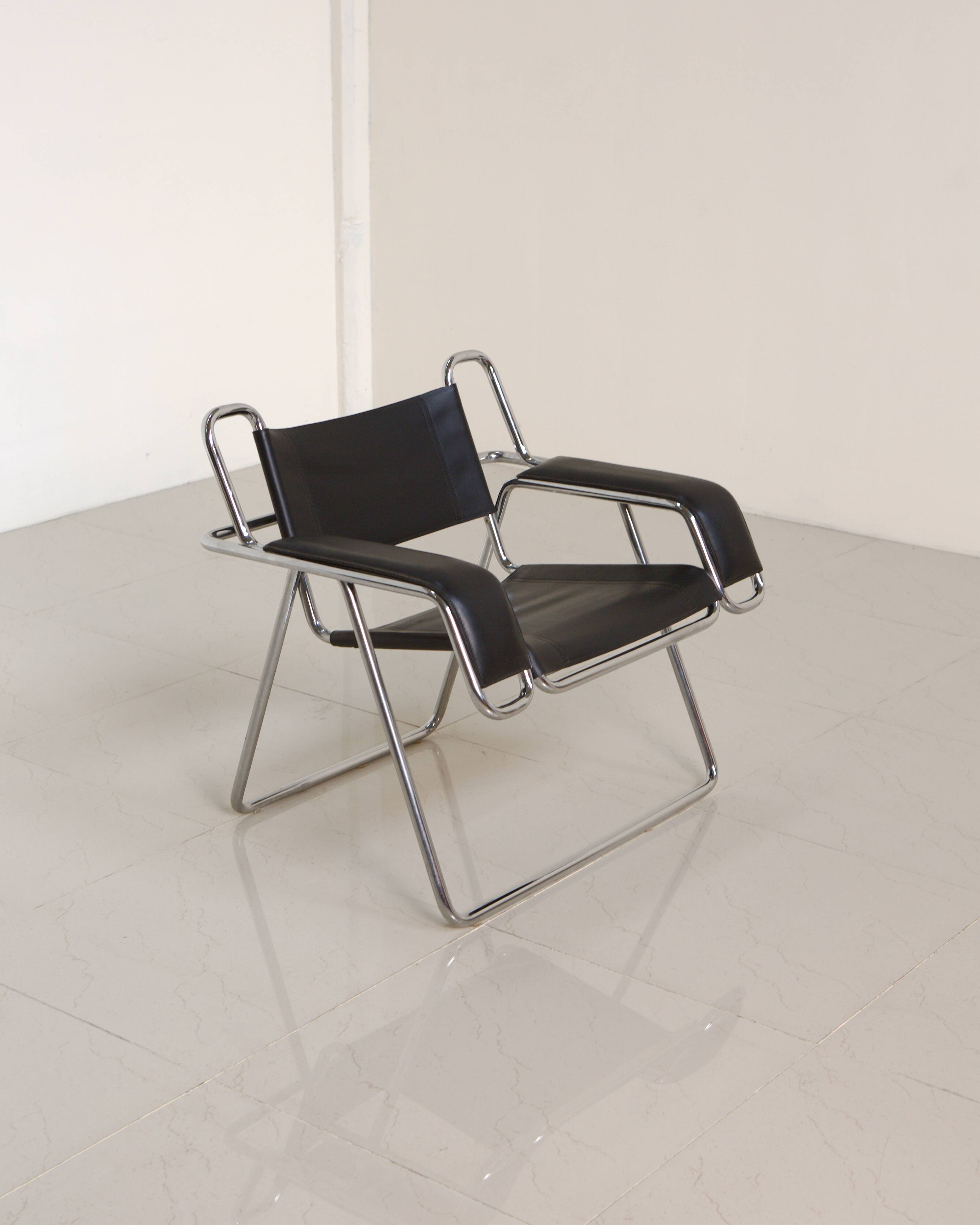 Metal and black leather armchair by Gastone Rinaldi for Thema 80's