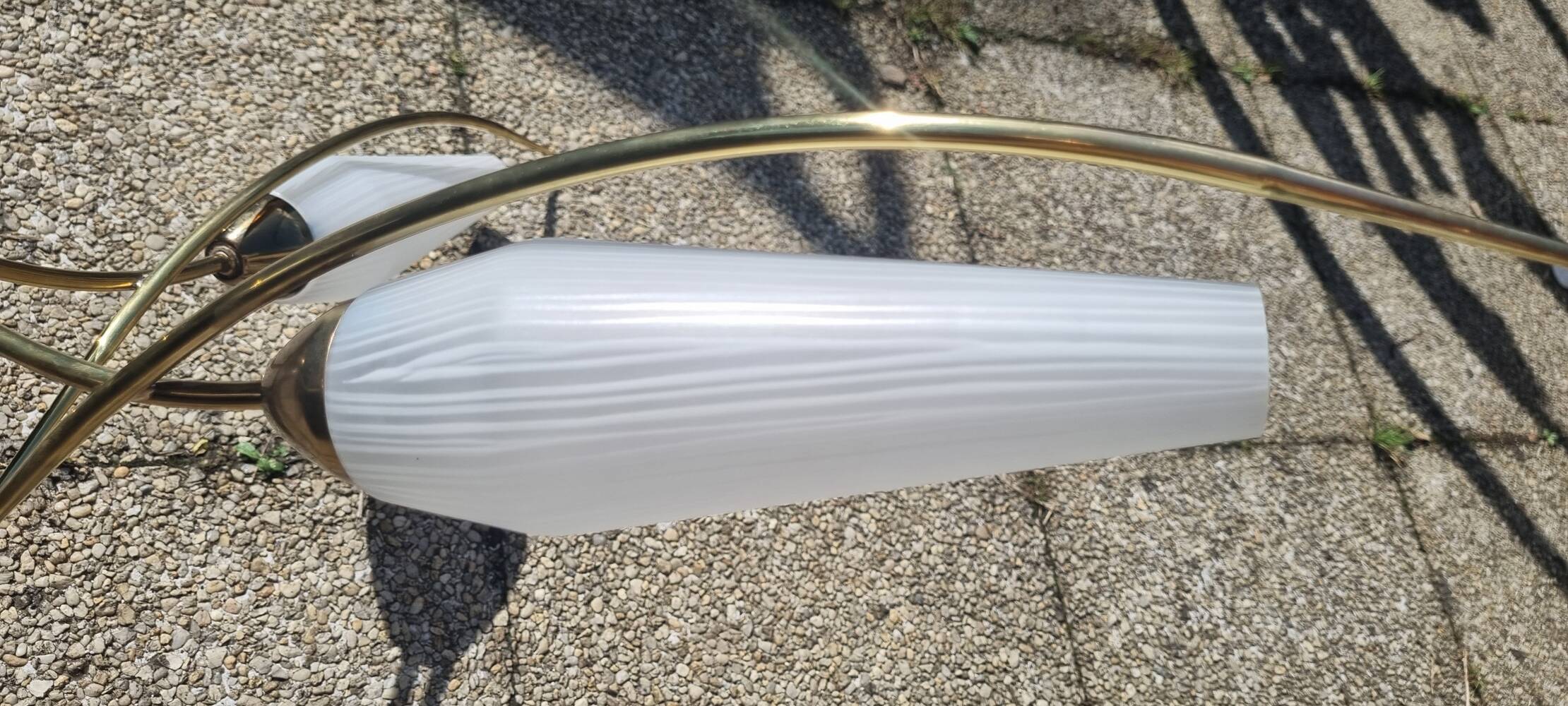 4-light pendant light, brass and opaline, Maison Lunel, Paris, vintage 1950s