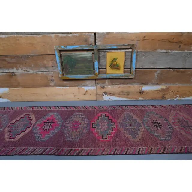 1960s Purple Pink Natural Turkish Hand-Knotted Runner Rug 81x327