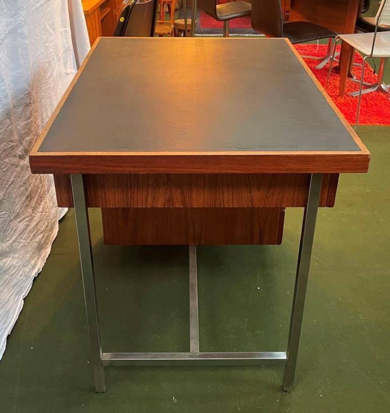 Teak veneer desk with chromed metal frame, from the 70s.