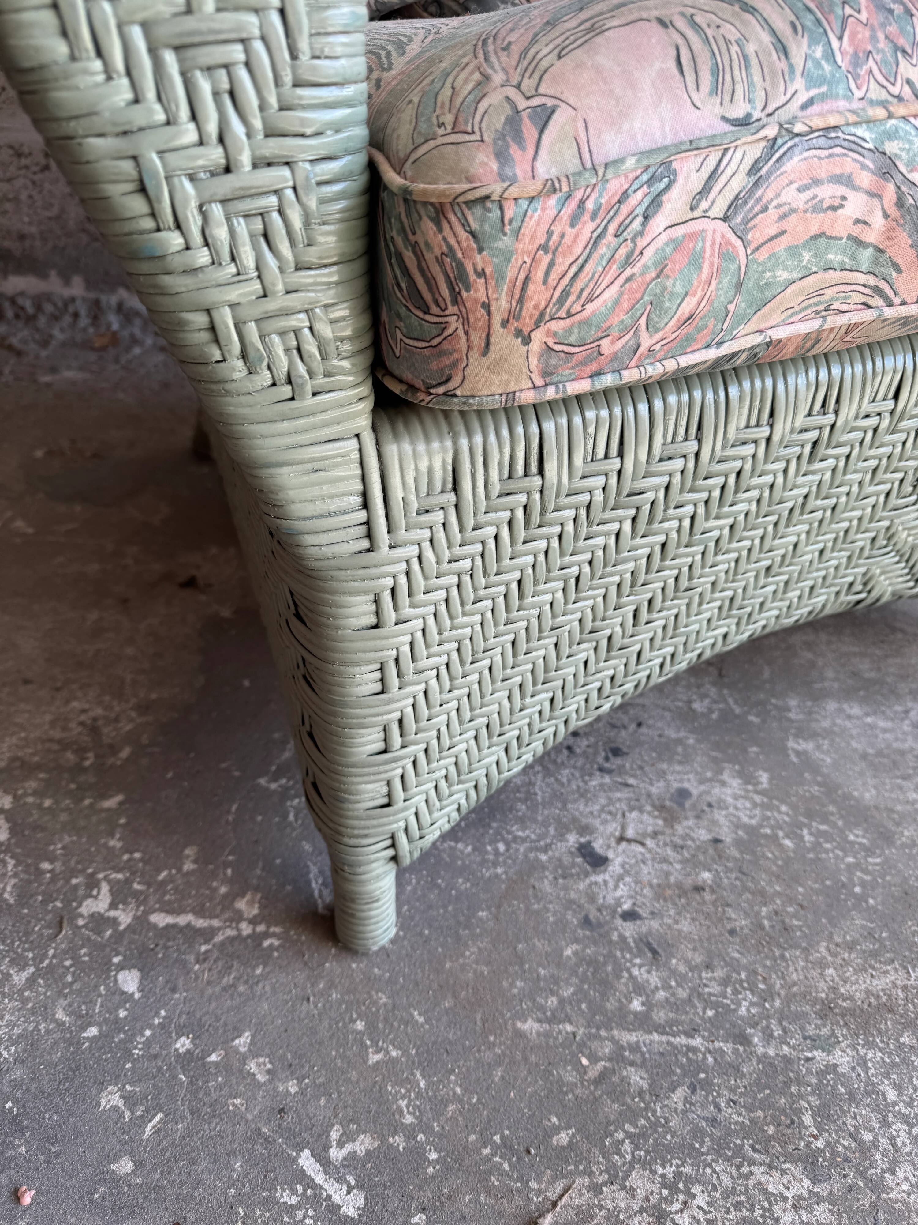 Mint Green Wicker Lounge Chair with Pastel Cotton Cushions — 1980s Coastal Revival