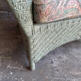 Mint Green Wicker Lounge Chair with Pastel Cotton Cushions — 1980s Coastal Revival