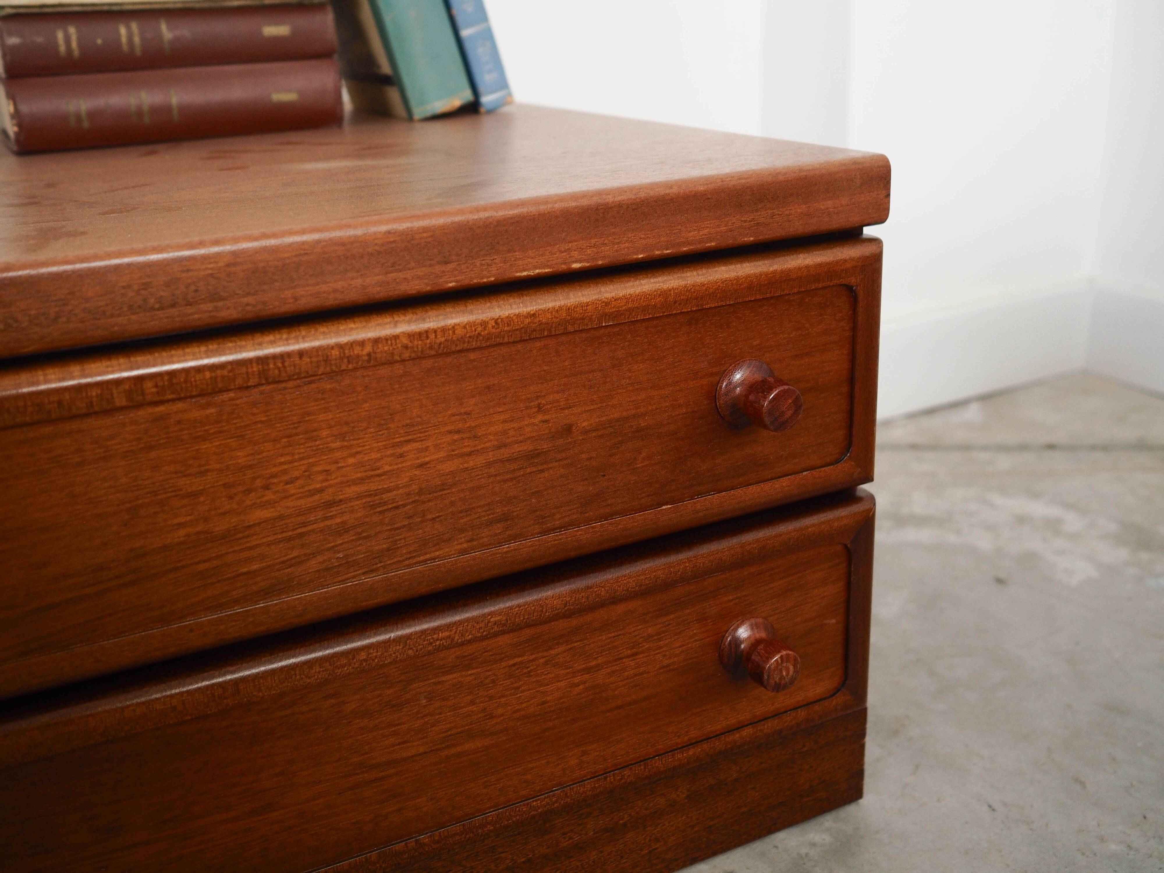 Low mahogany furniture, Danish design, 1970s, made in Denmark.