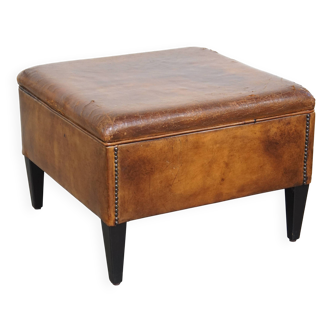 Large Square Ottoman Made of Sheepskin Leather with Decorative Nails