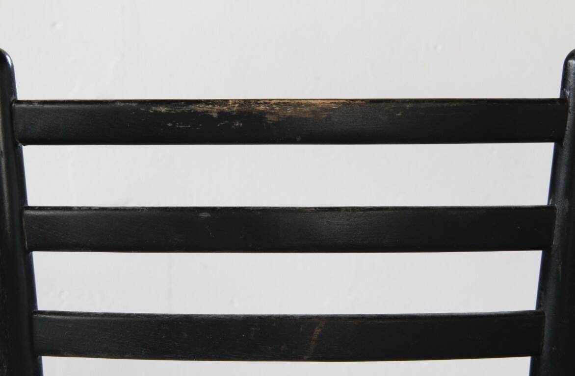 Vintage set of 8 Italian papercord black dining chairs, woven seat, 1950s