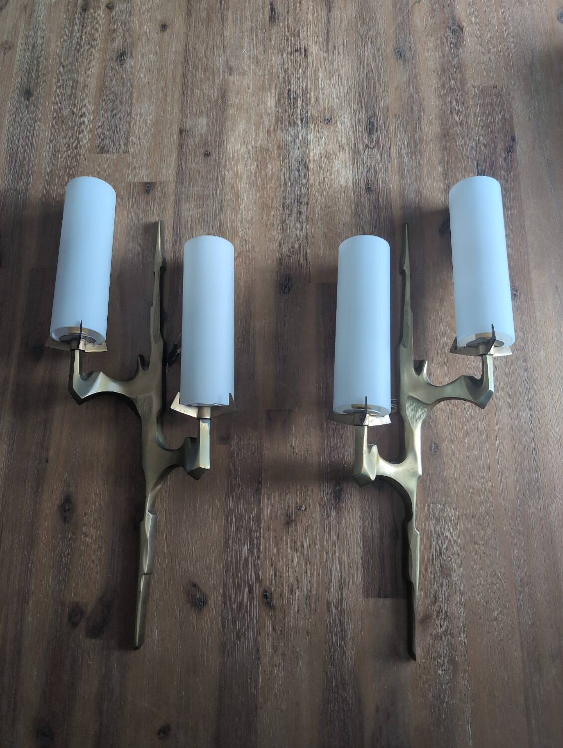 Pair of Arlus gilt bronze and opaline wall sconces