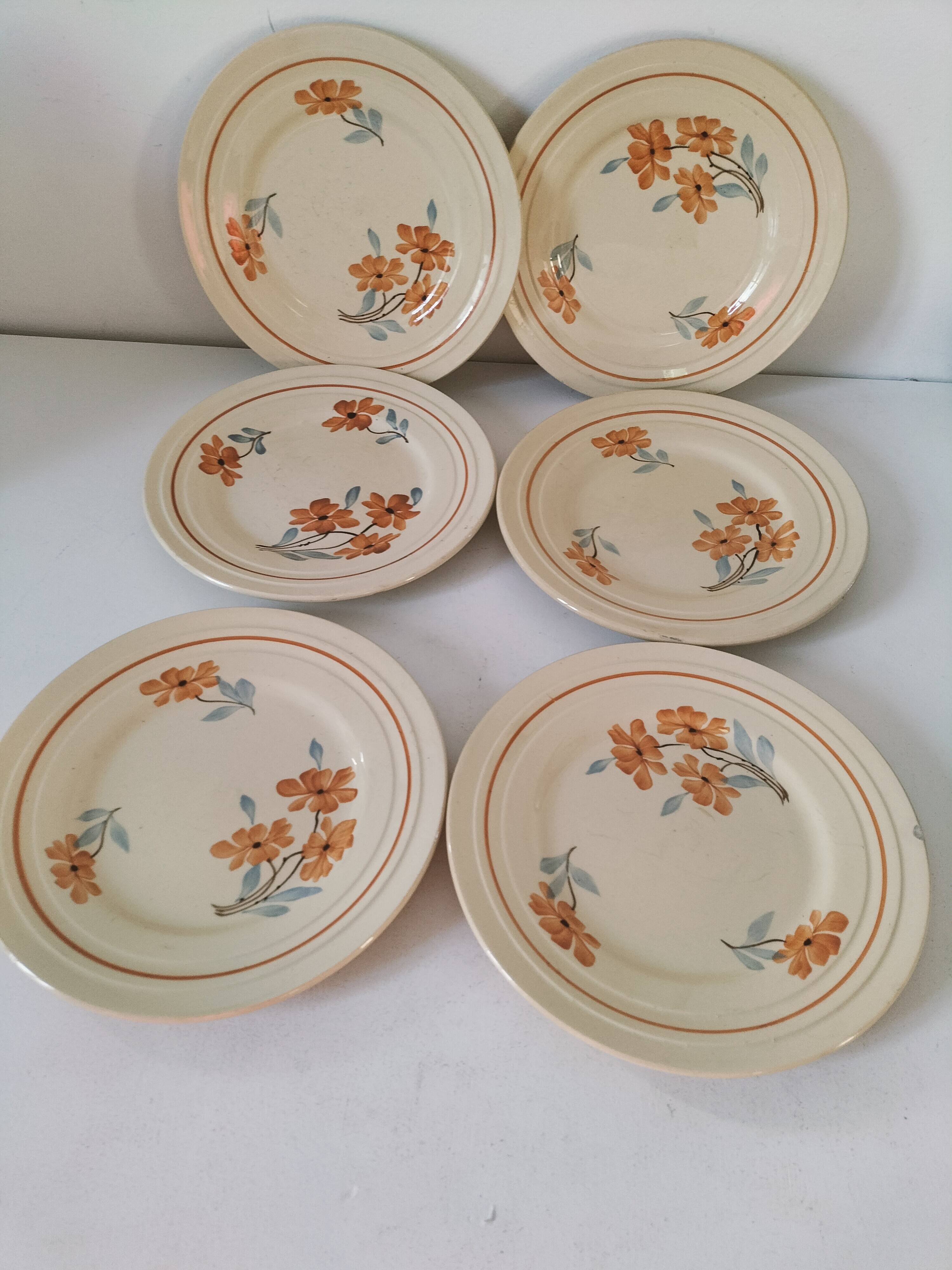 Set of 6 vintage orange and blue floral plates – 1950s