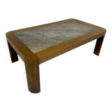 Old coffee table in wood and granite stone, vintage design from the 70s