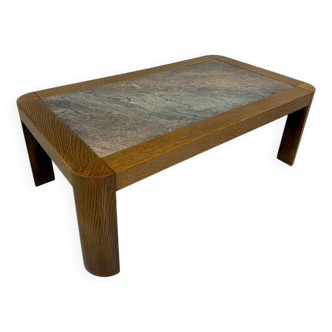 Old coffee table in wood and granite stone, vintage design from the 70s