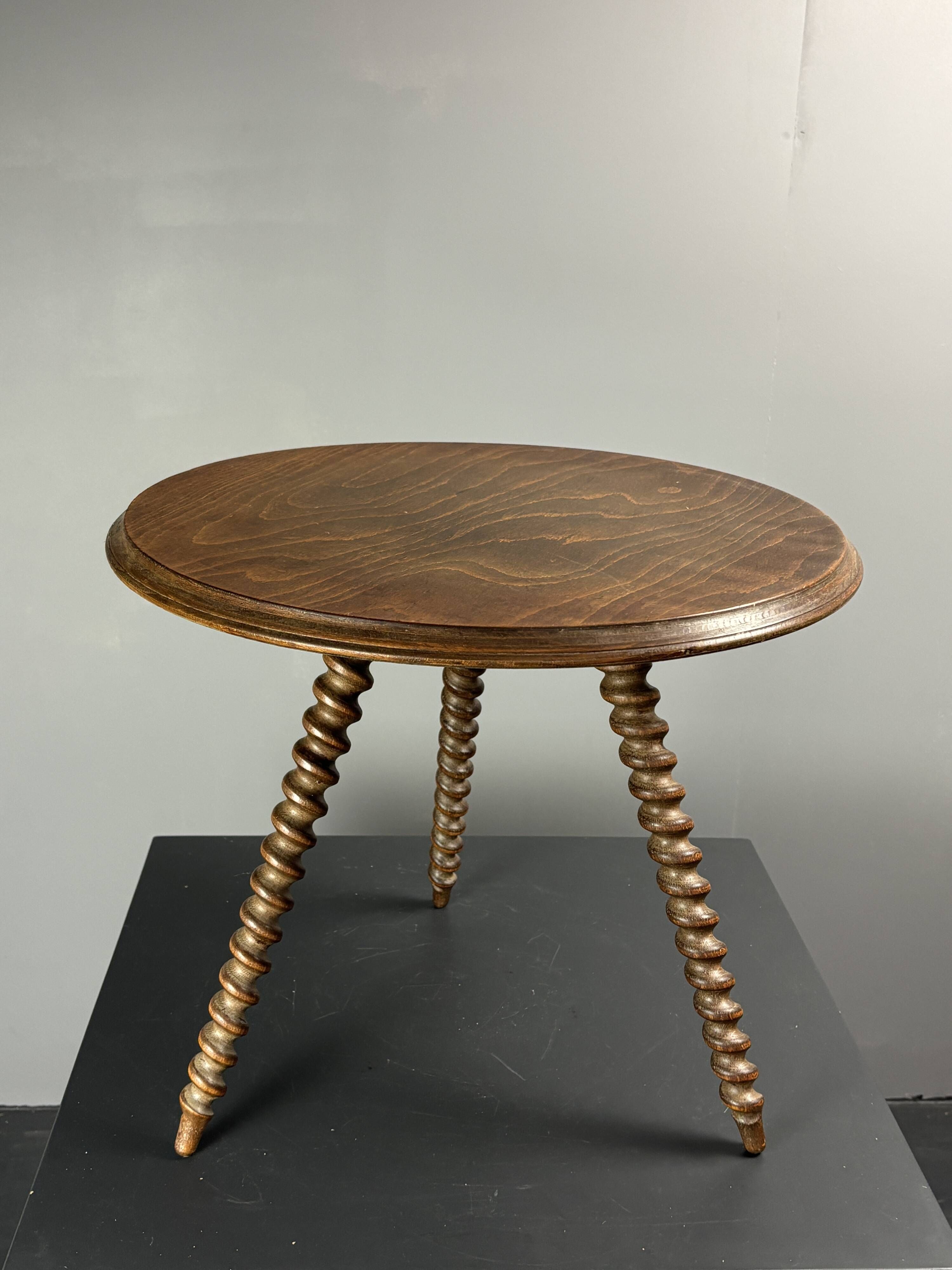 Midcentury wood turned barley twist side table with cork screw legs 1950s