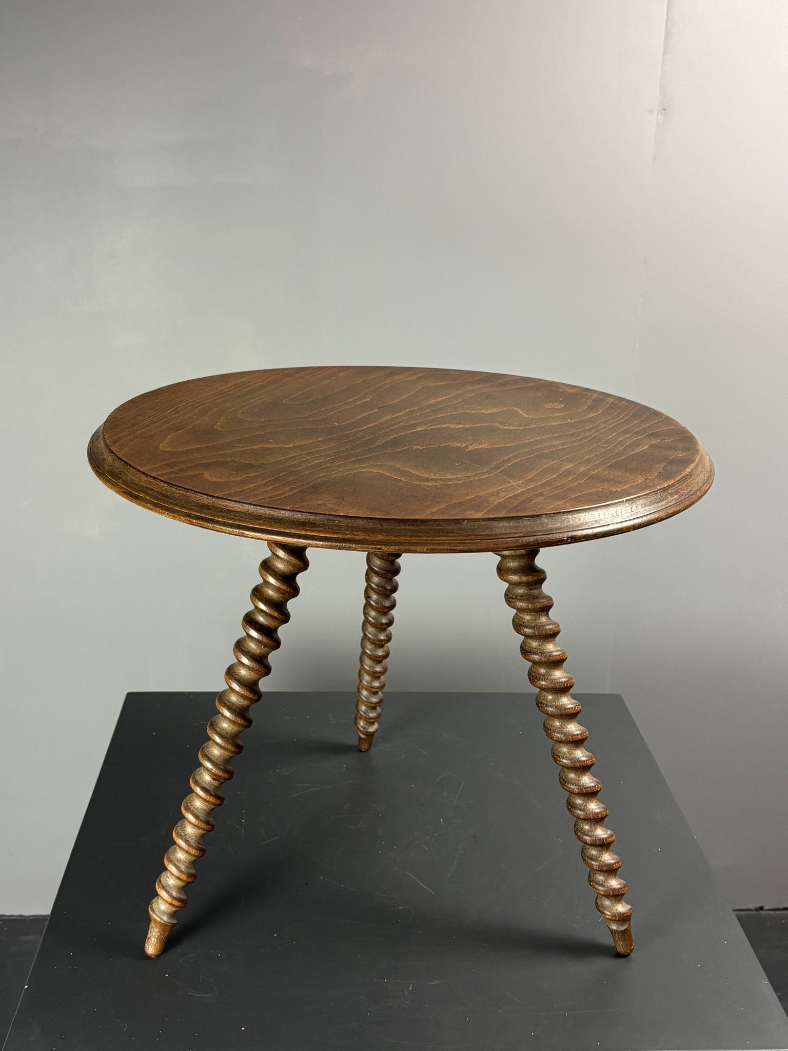 Midcentury wood turned barley twist side table with cork screw legs 1950s