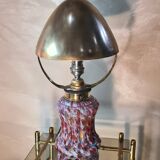 lampe champignon 1910 superbe  pied en verre multicolores ,abat jour laiton orientable ,39x19