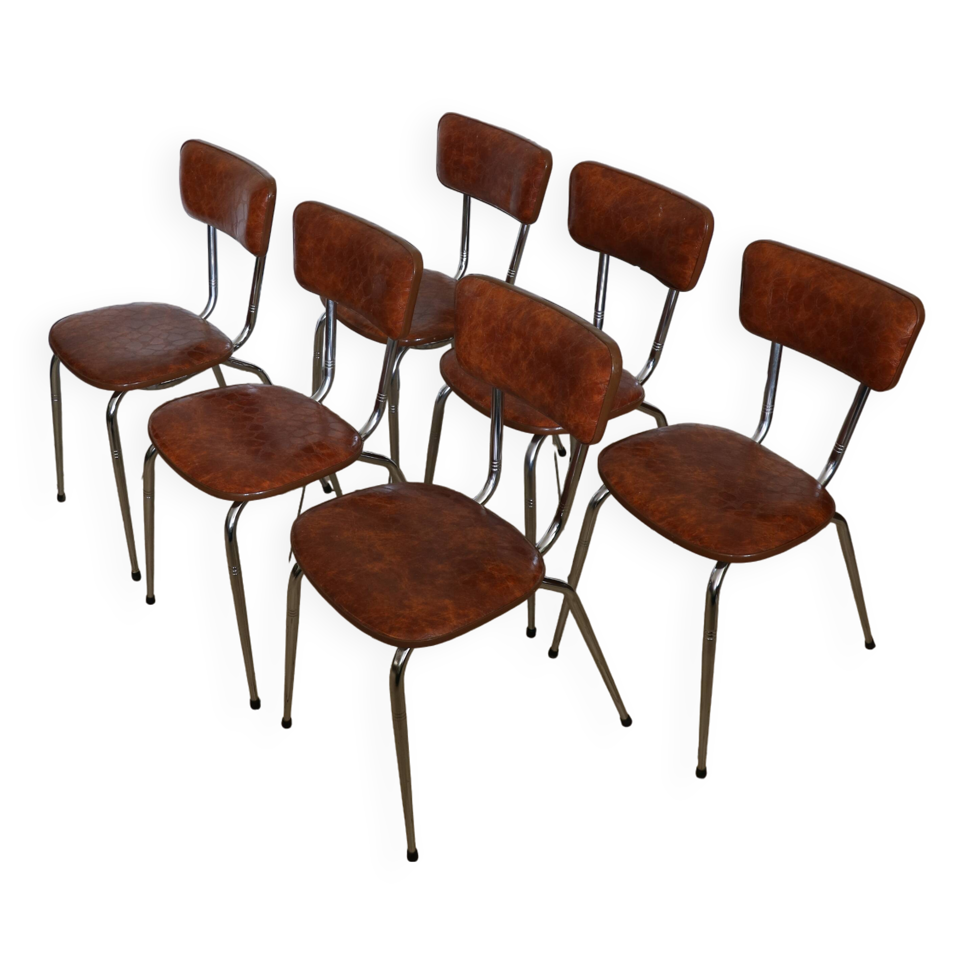 6 brown skai and chrome steel chairs