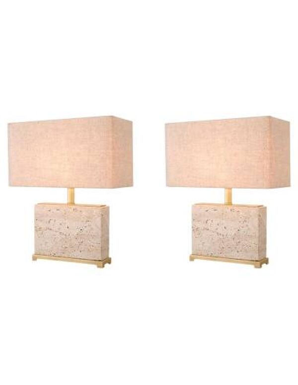 Paire de lampes de table en travertin et laiton patiné, parfaites pour les intérieurs contemporains.