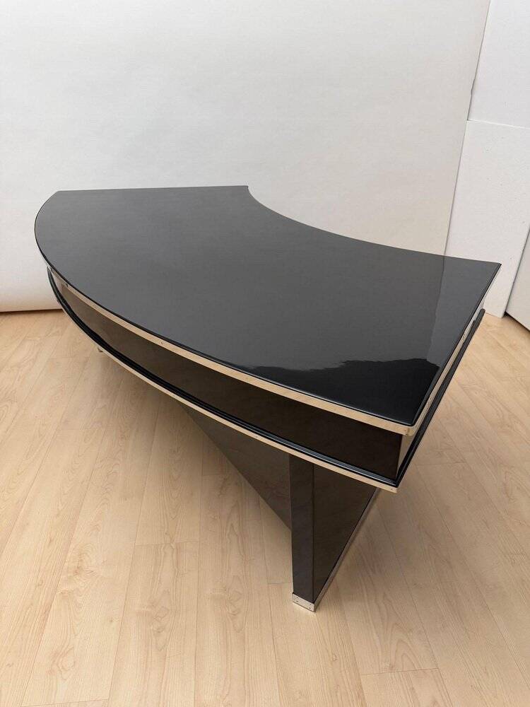 Art Deco desk in black lacquer, walnut & metal, France, 1950