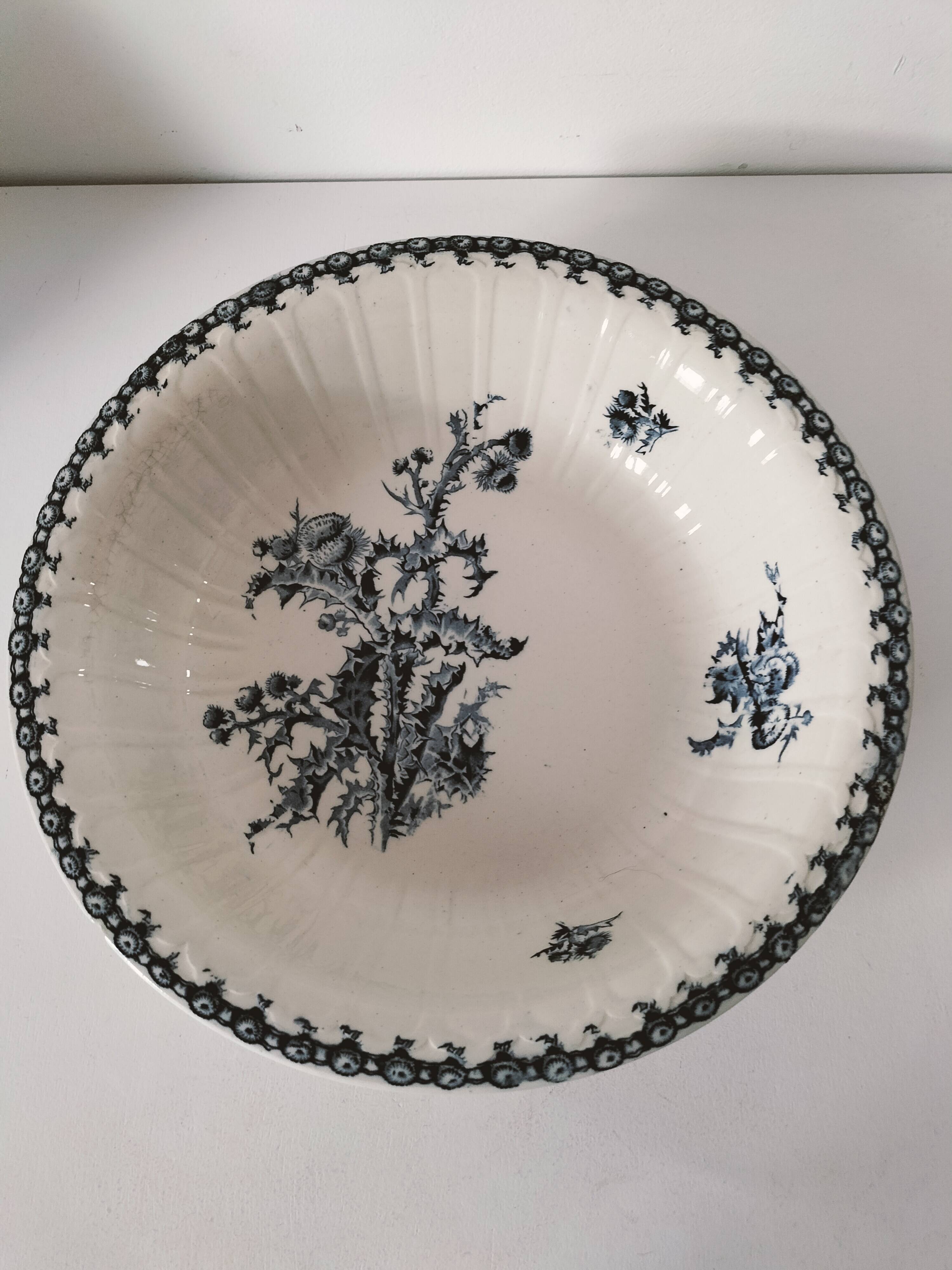 Large antique Gien hollow dish, Chardons blue model – fine 19th century earthenware